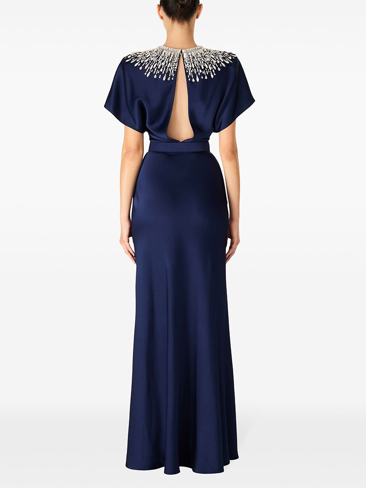 Embellished High-Neck Navy Evening Maxi Dress