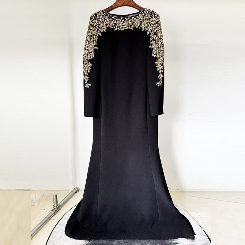 Black Gown with Gold Beaded Shoulders