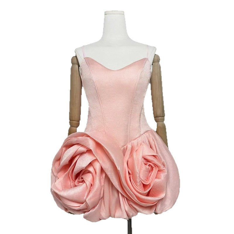 Blush Sculptural Rosette Bubble Mini Dress--