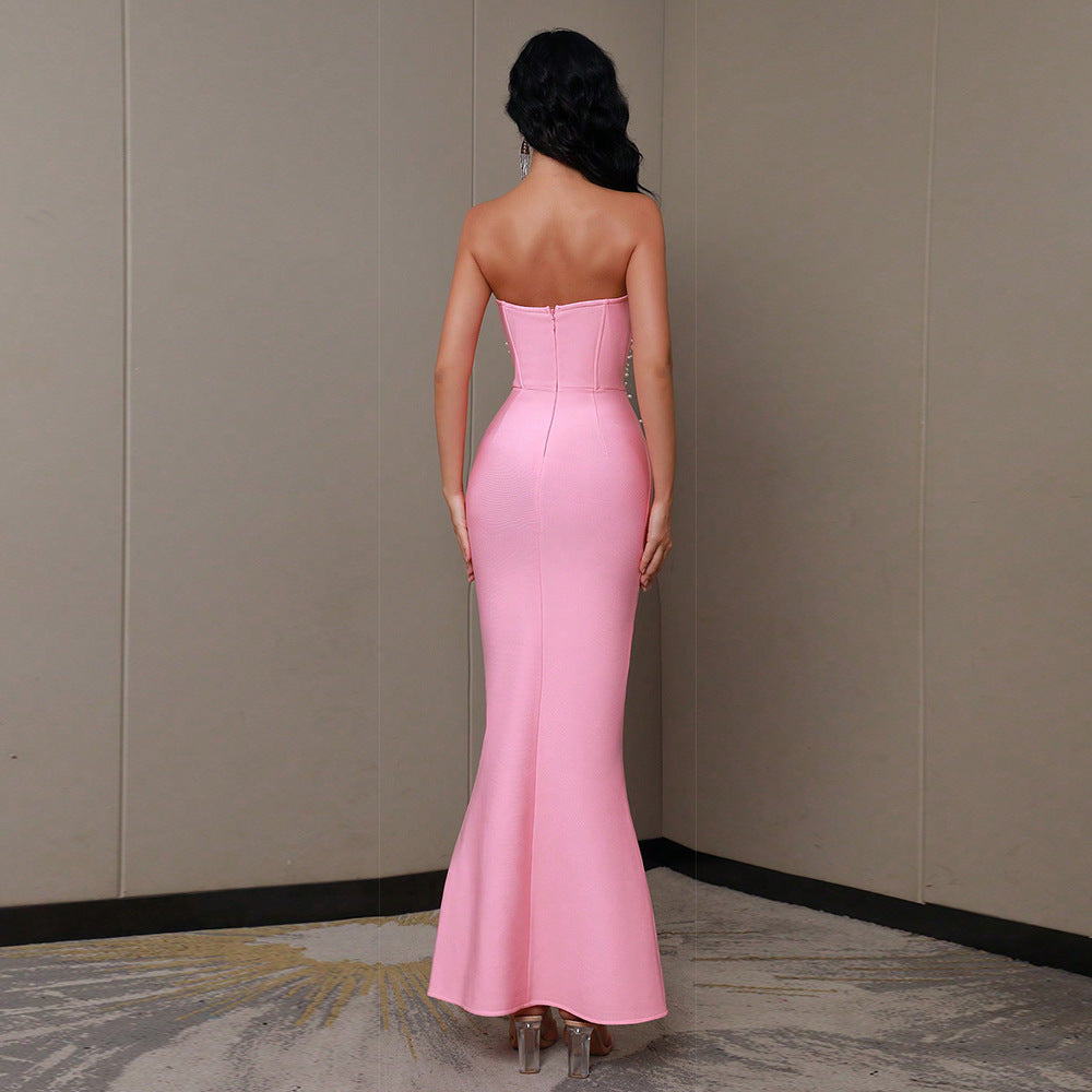 Pearl-Studded Bandeau Bandage Mermaid Gown