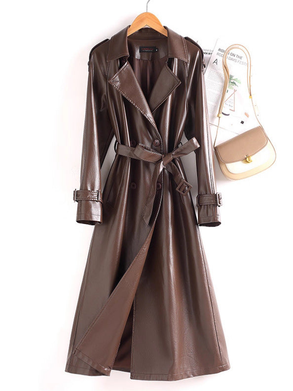 Longline Contrast-Collar Belted Leather Trench Coat