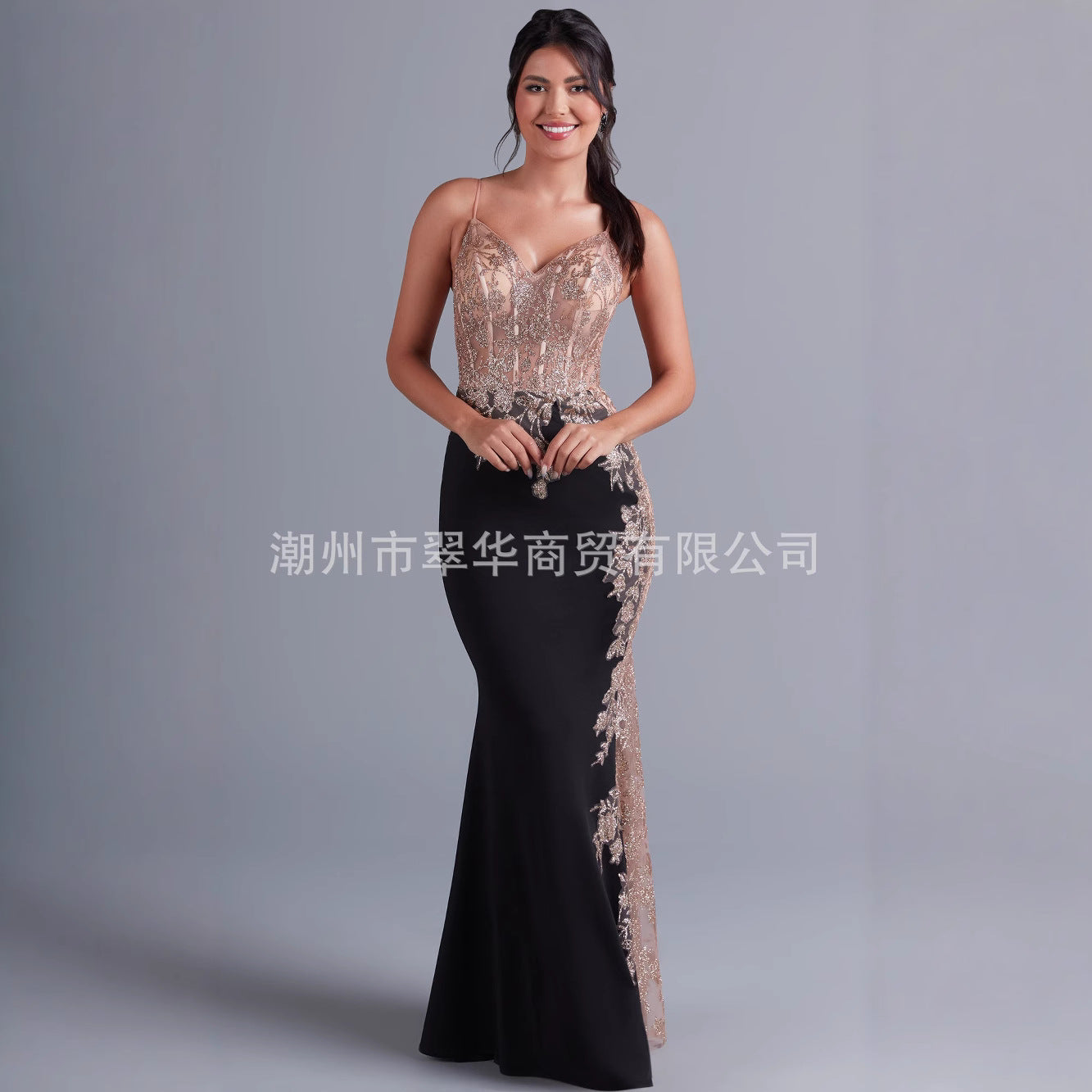 Blush Lace-Embroidered Open-Back Mermaid Gown