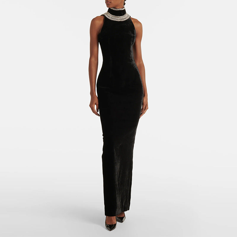 Velvet Eclipse Beaded Halter-Backless Gown