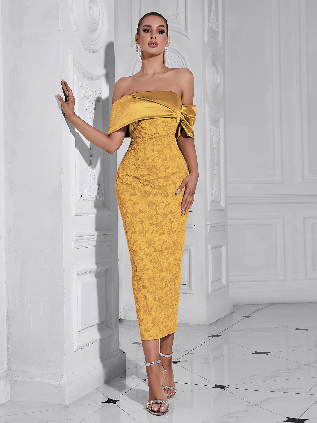 Elara Sculpted Bloom Midi Dress