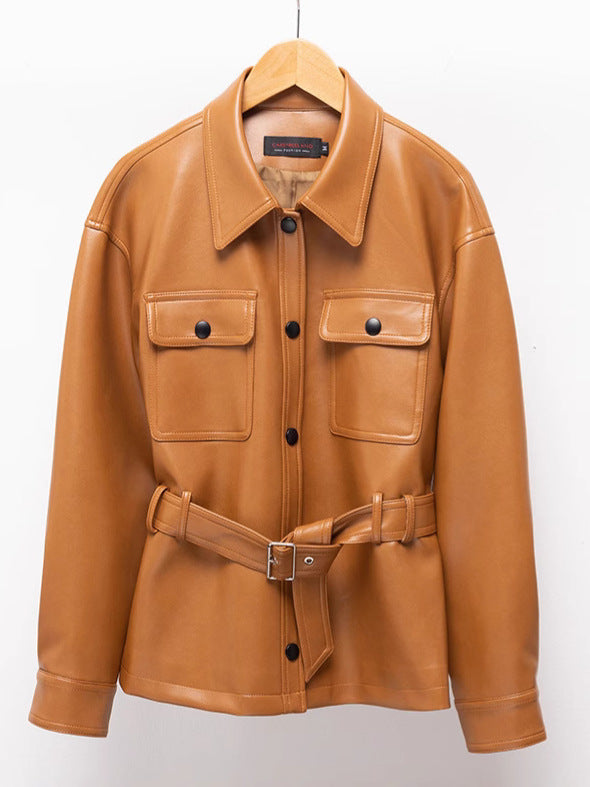 Belted Faux Leather Utility Shirt Jacket