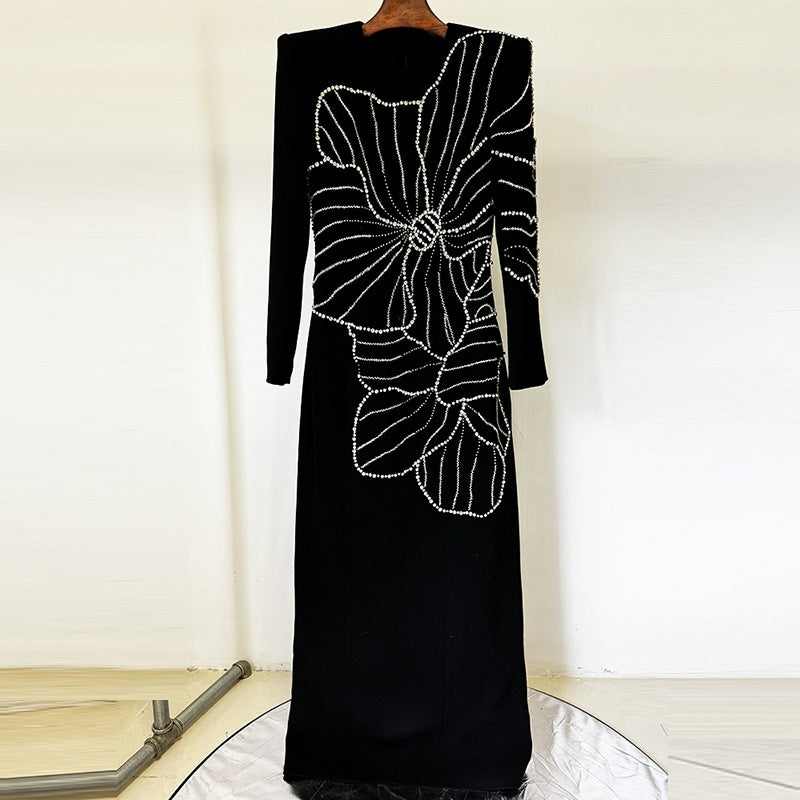 Sculpted Elegance  Floral Embellished Maxi Dress