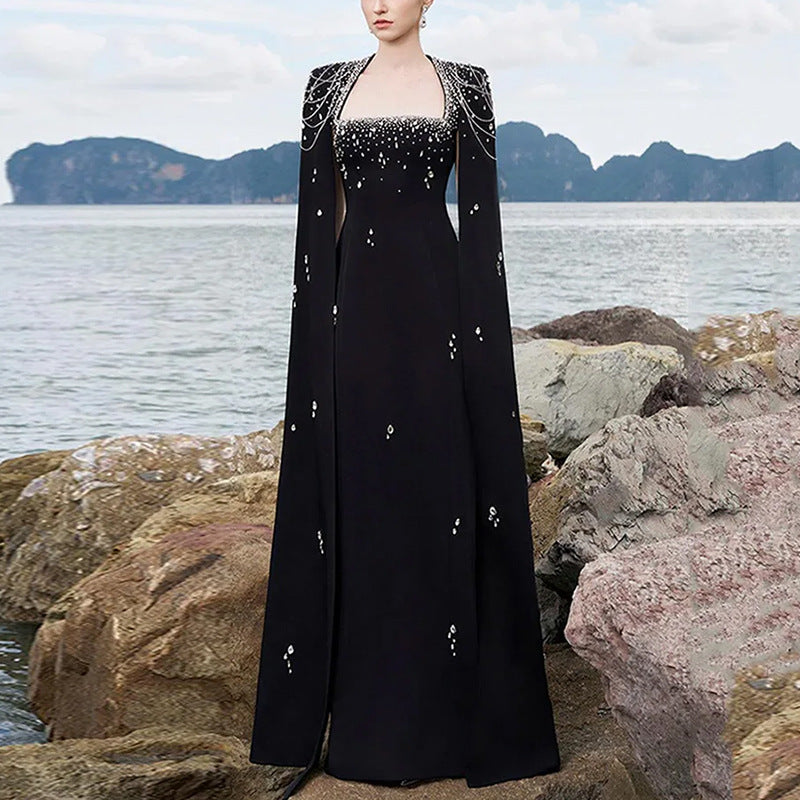 Celestial Chain Embellished black Cape Gown