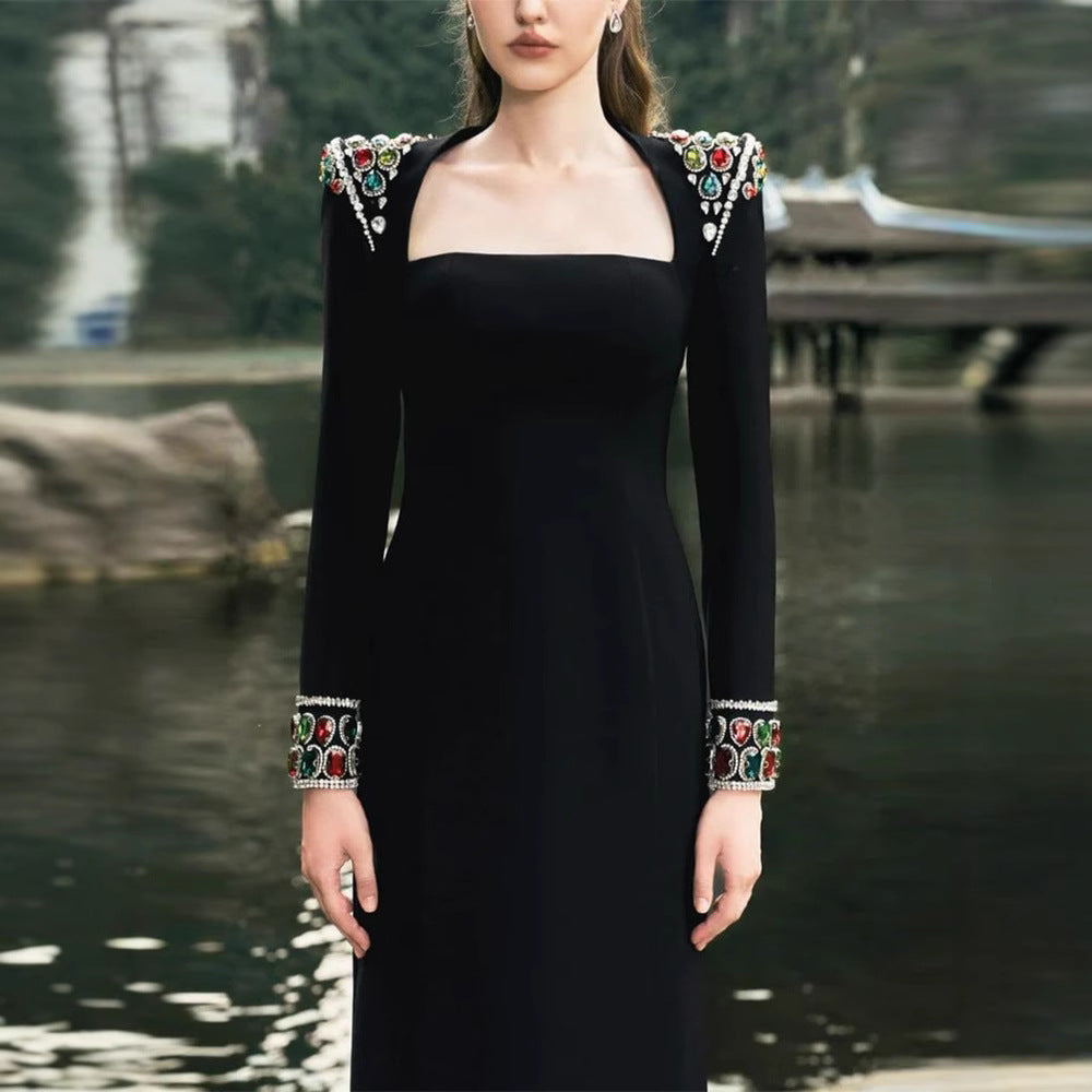 Square Neck Dress with Jeweled Accents