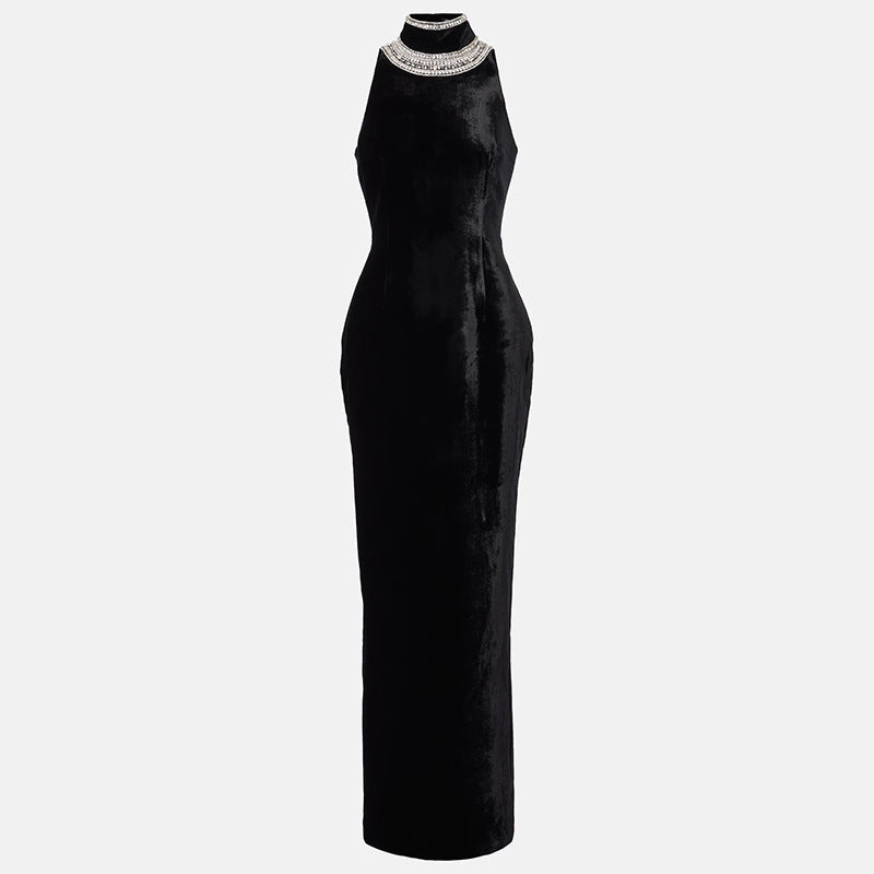 Velvet Eclipse Beaded Halter-Backless Gown