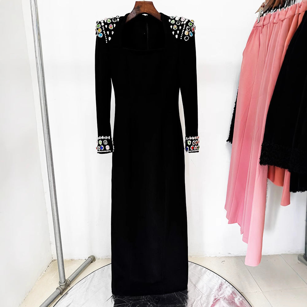 Square Neck Dress with Jeweled Accents