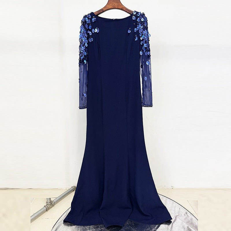 Ethereal Navy Bloom Mesh and Sequin Gown