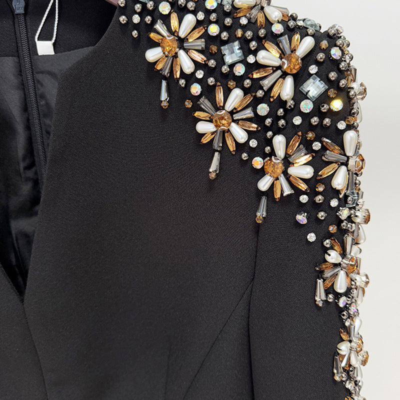 Noir Starlight  Beaded Shoulder V-Neck Mini Dress