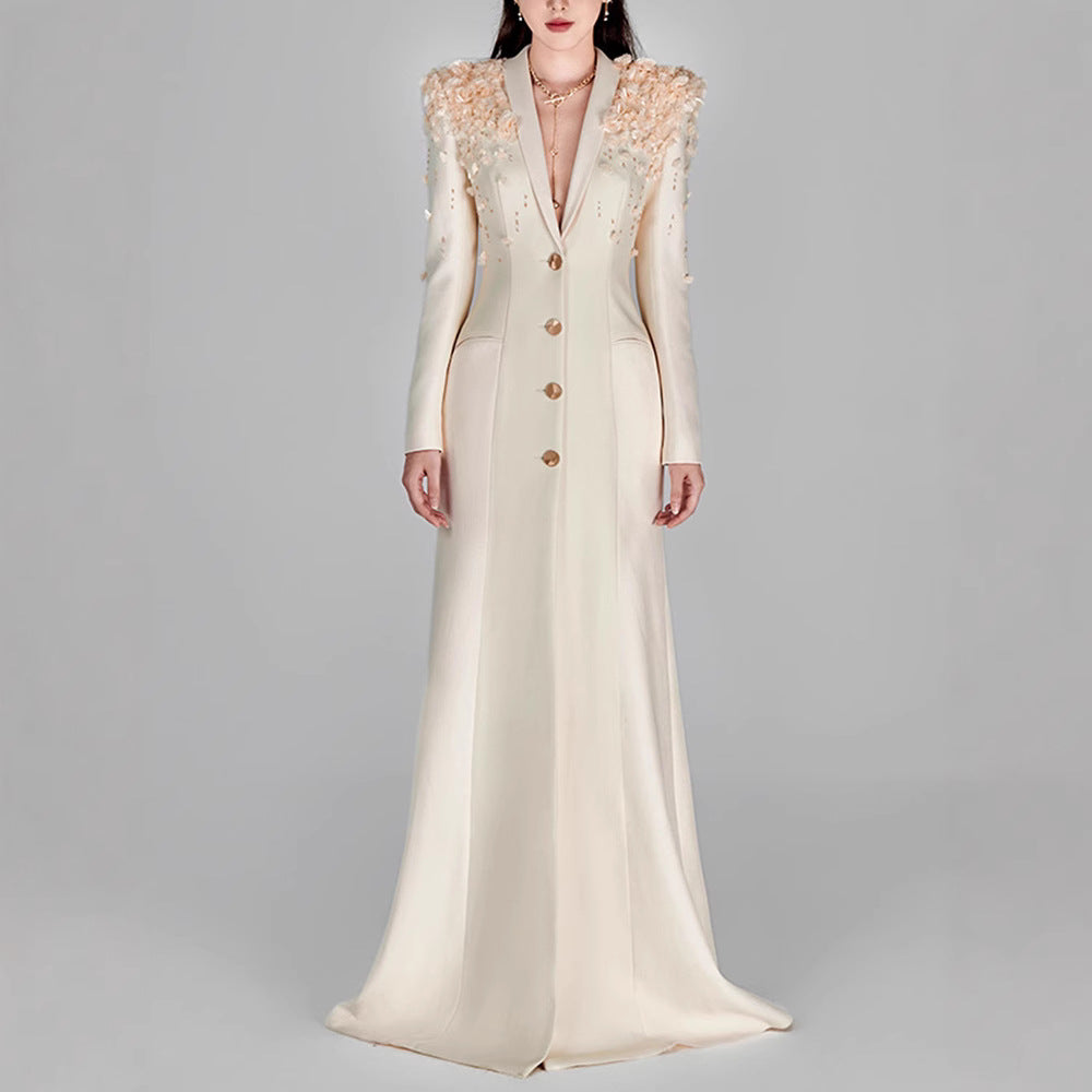 Elegant Floral Appliqué Longline Blazer Dress
