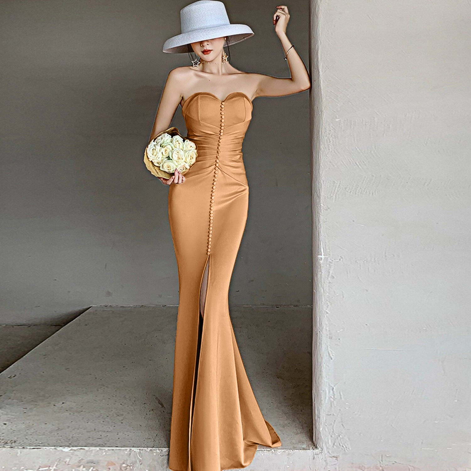 Lunaria Grace Strapless Sweetheart Column Gown with Button Detail