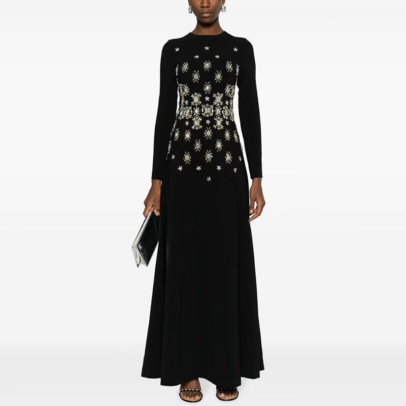 Black Crystal Starburst Long-Sleeve Evening Gown