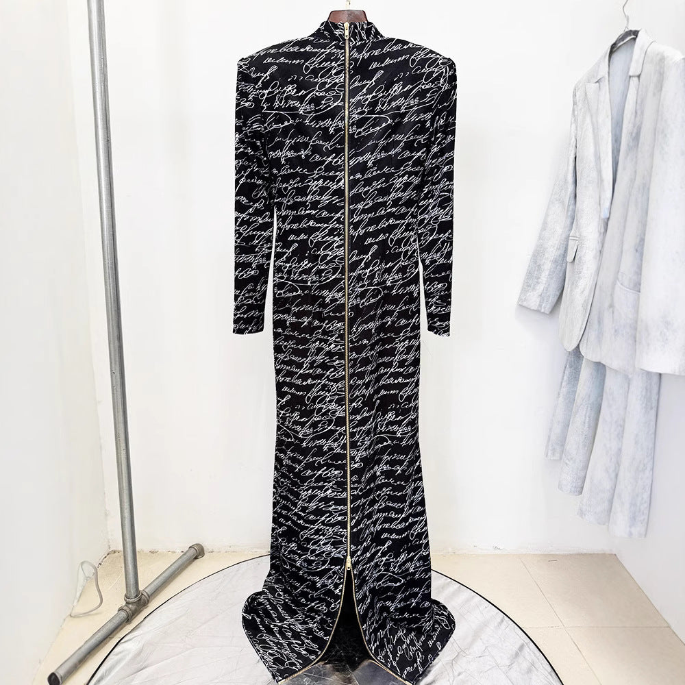 Script Print Long-Sleeve Bodycon Maxi Dress