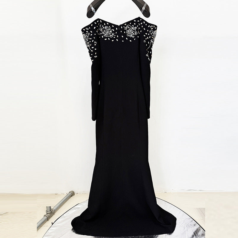 Beaded Off-Shoulder Black Fishtail Gown