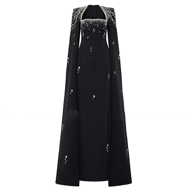 Celestial Chain Embellished black Cape Gown