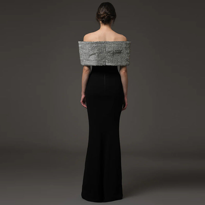 Black Off-Shoulder Column Gown with Crystal Bow
