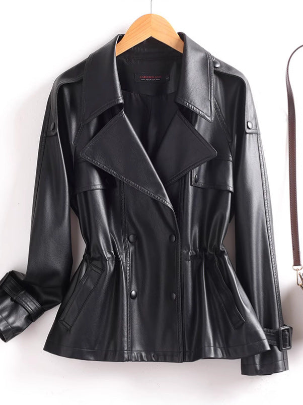 Double-Breasted Leather Jacket with Cinched Waist