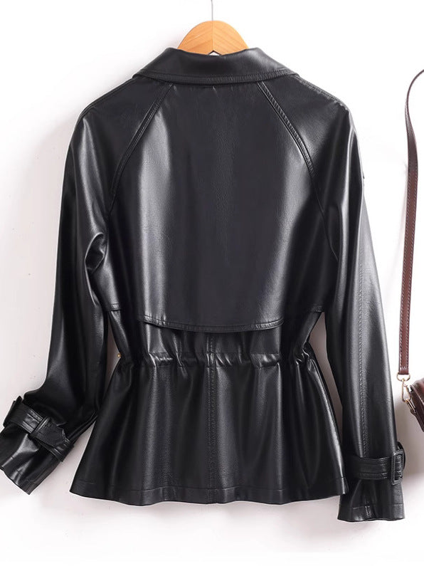 Double-Breasted Leather Jacket with Cinched Waist