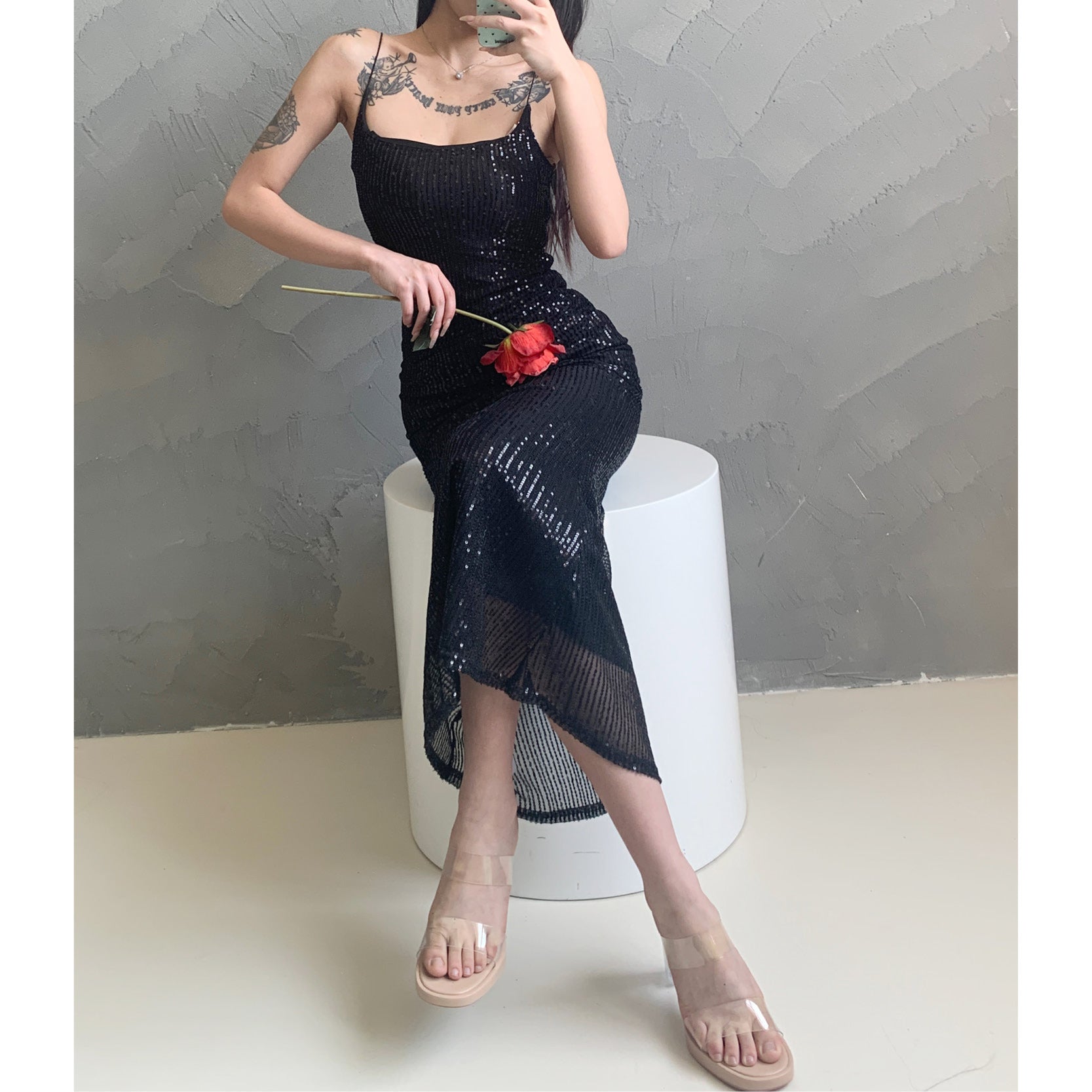 Sequined spaghetti-strap column dress, sheer hem