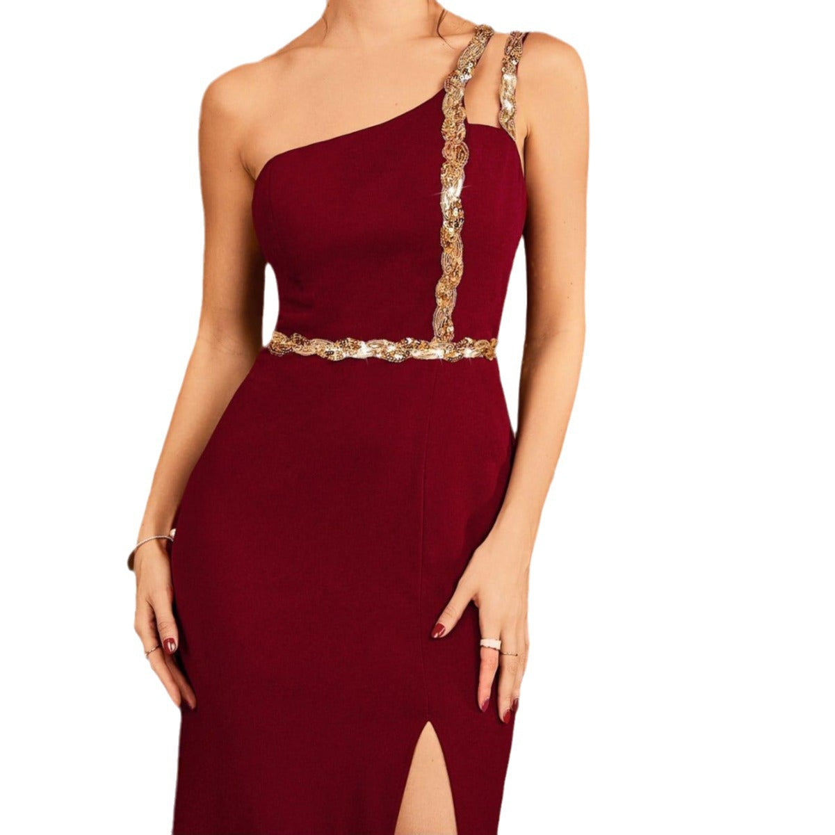 Gilded Grace One-Shoulder Slit Gown with Metallic Chain Detail
