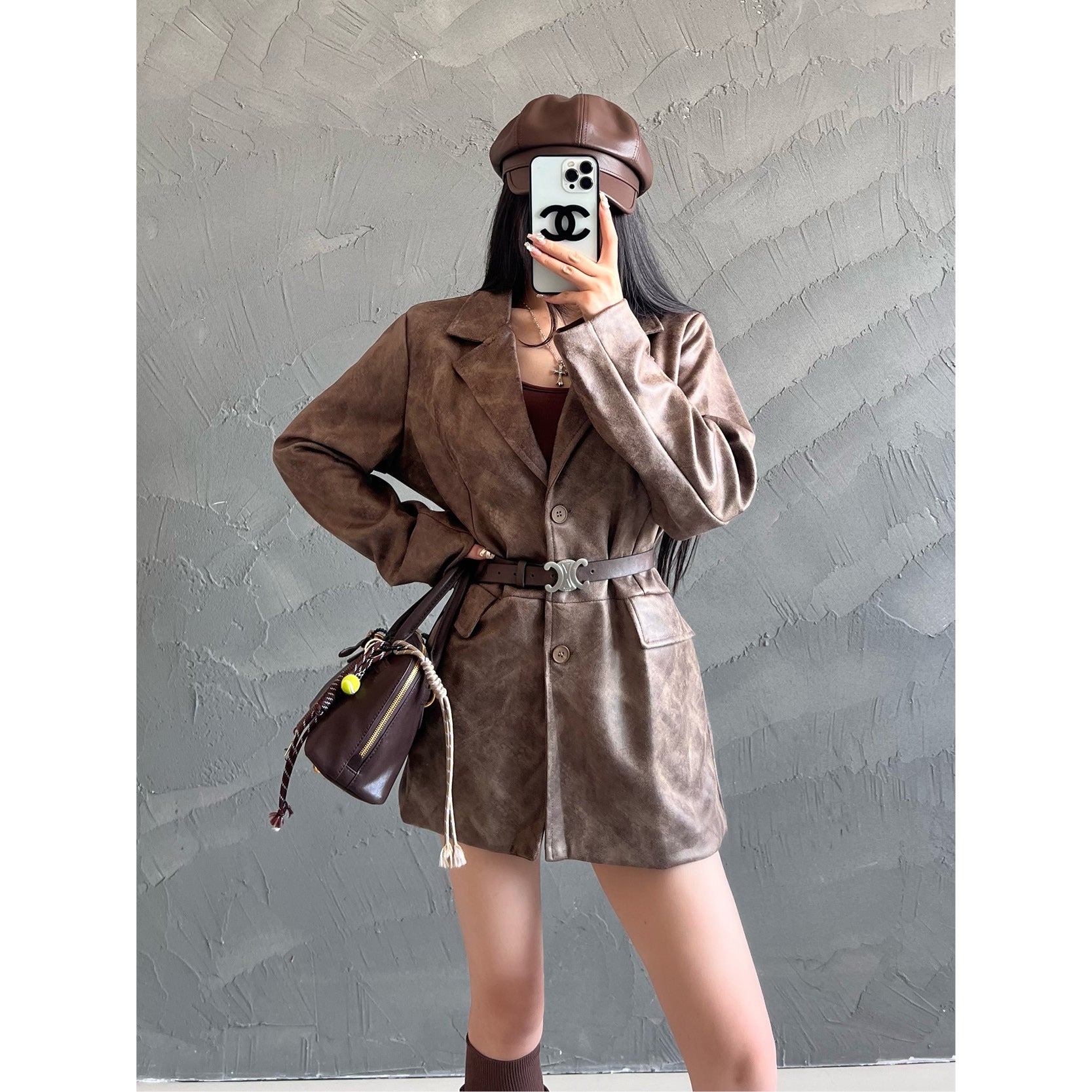 Belted Faux Leather Blazer Mini Jacket