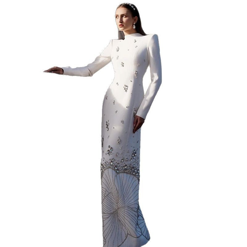 Black Beaded Long Sleeve Evening Gown