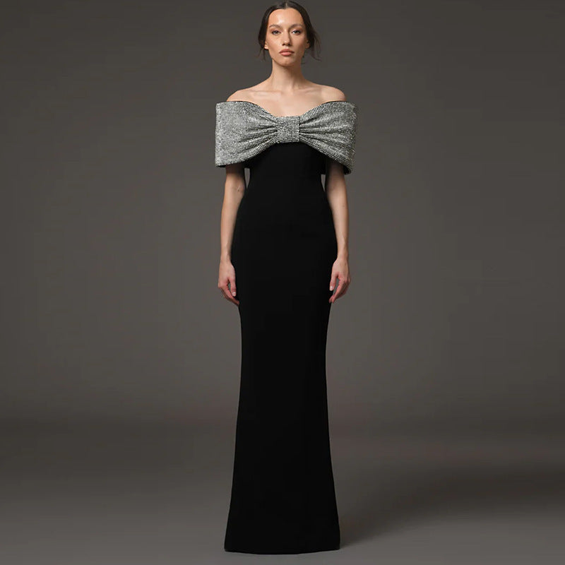 Black Off-Shoulder Column Gown with Crystal Bow