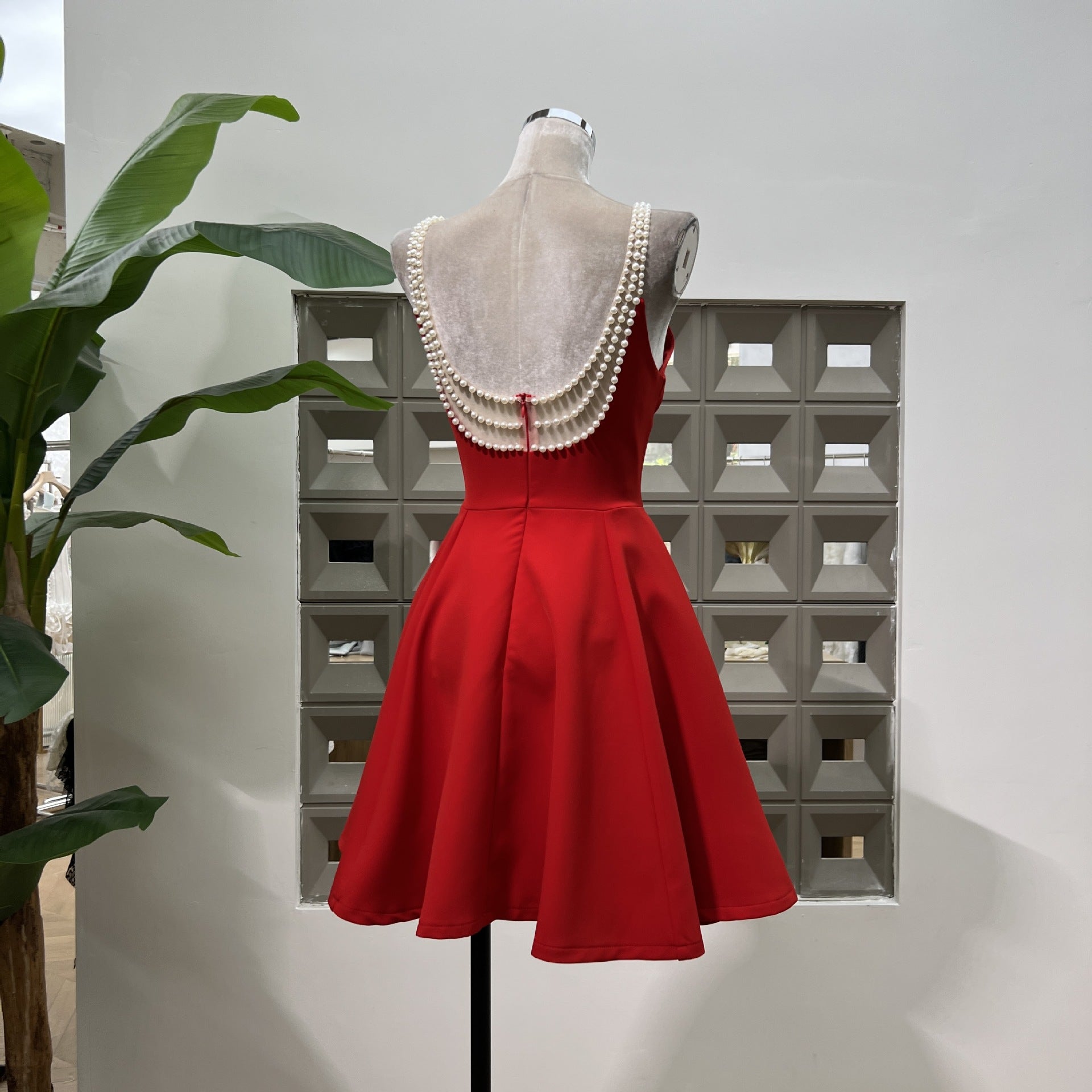 Pearl Neckline Fit-and-Flare Mini Dress
