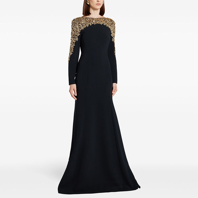 Black Gown with Gold Beaded Shoulders