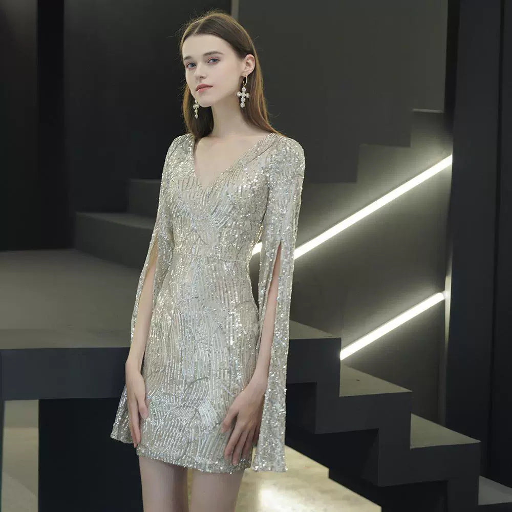 Sequined Cape-Sleeve Cocktail Dress