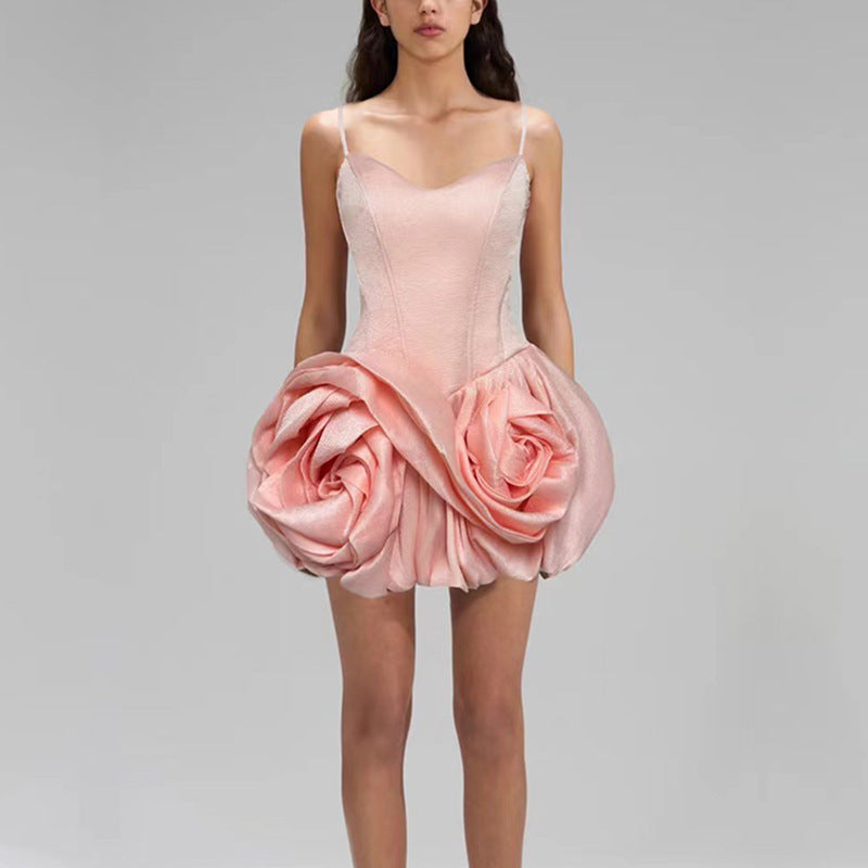Blush Sculptural Rosette Bubble Mini Dress--