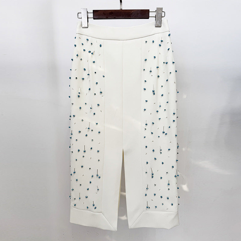 Turquoise Crystal Studded Crop Vest Skirt Set