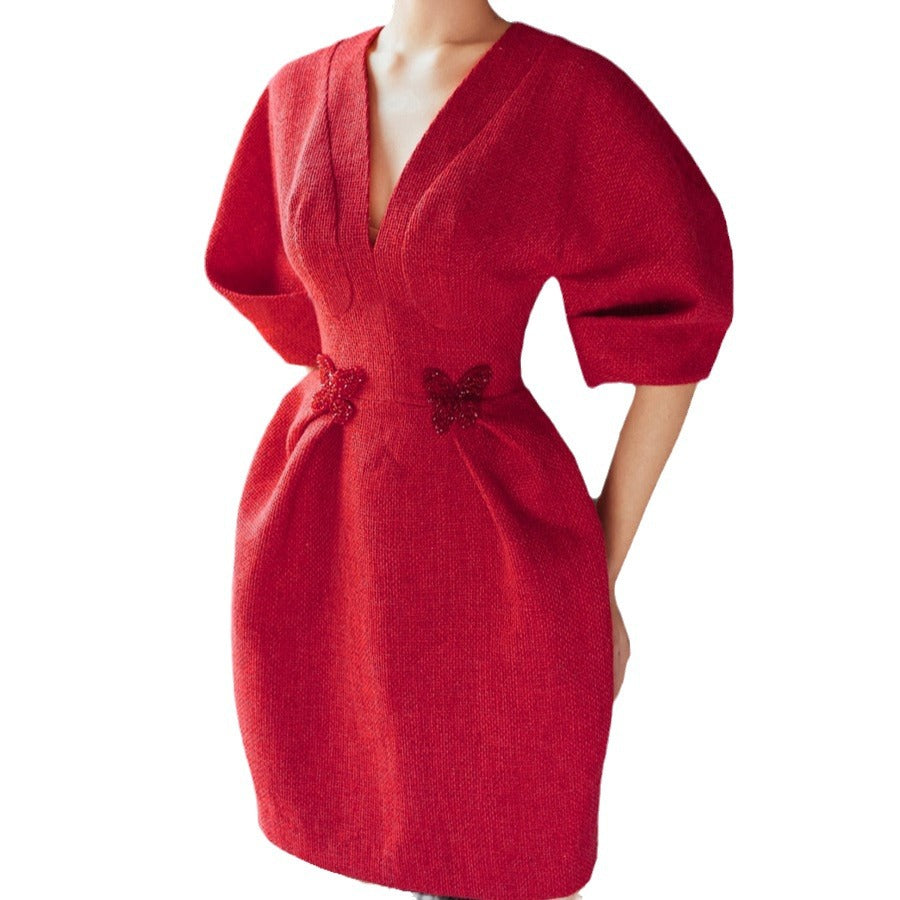 Camille 3D Beaded Butterfly Red Tweed Dress