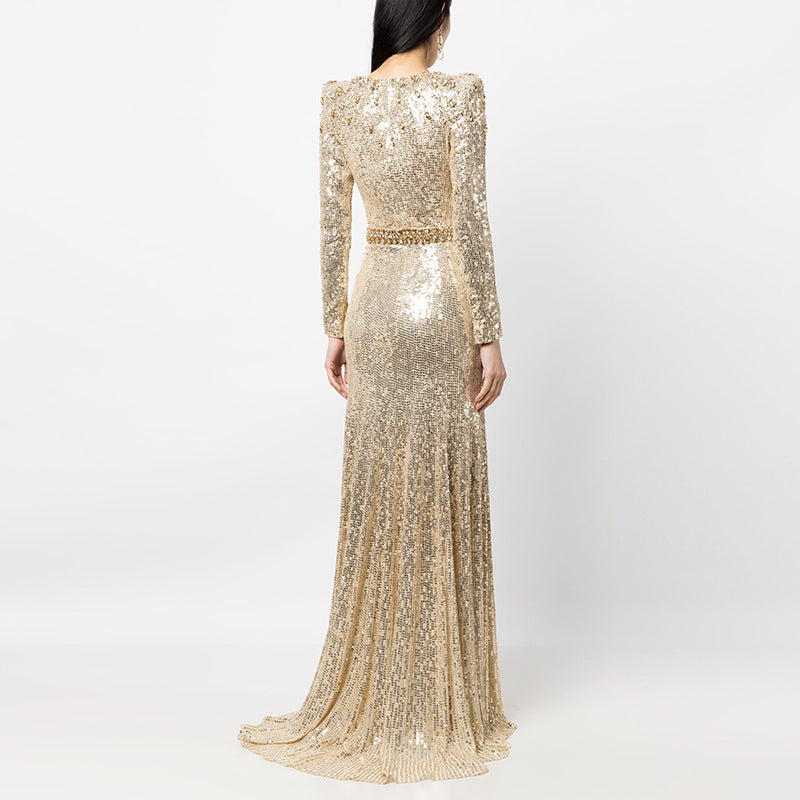 Black Sequin Long-Sleeve Mermaid Evening Gown