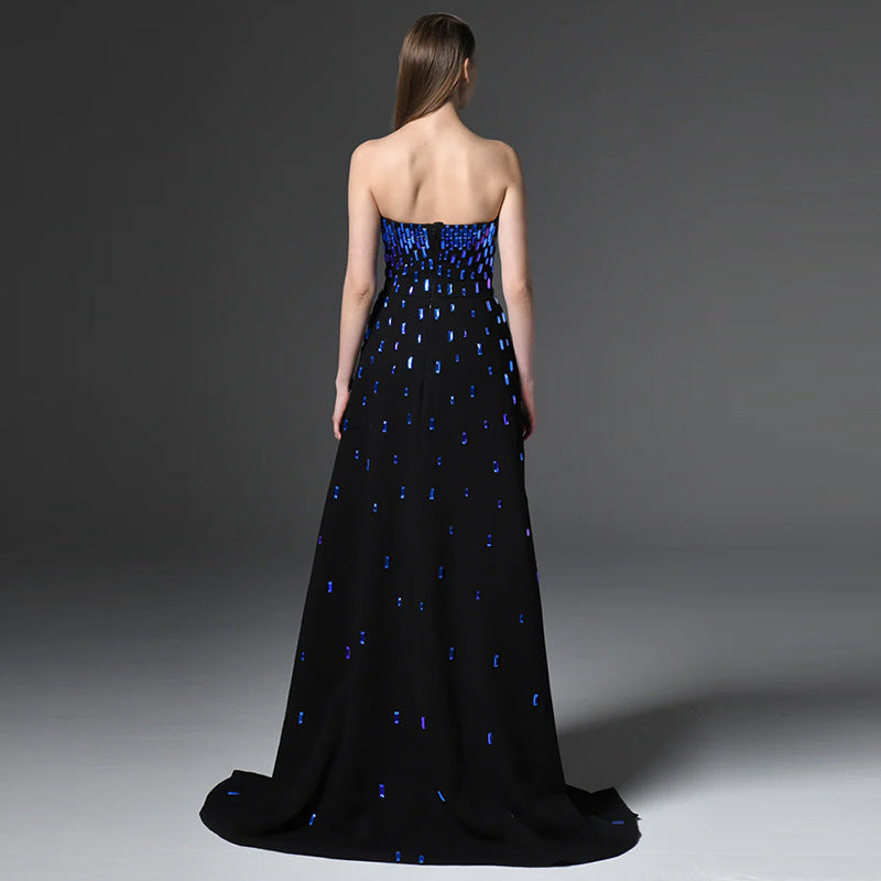 Strapless Black Column Evening Gown with Blue Sequins