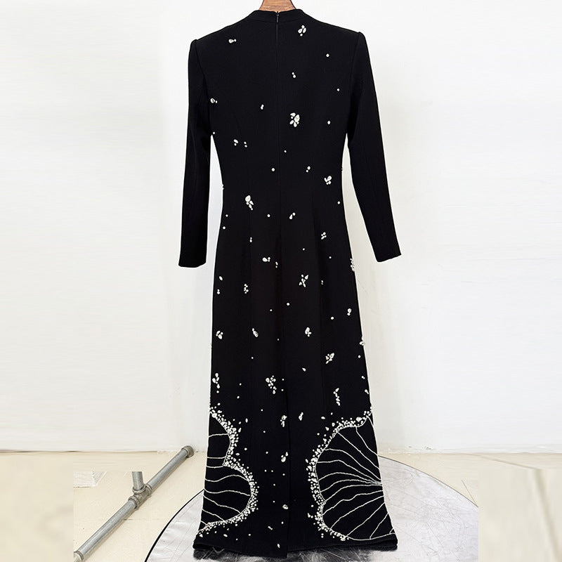 Black Beaded Long Sleeve Evening Gown