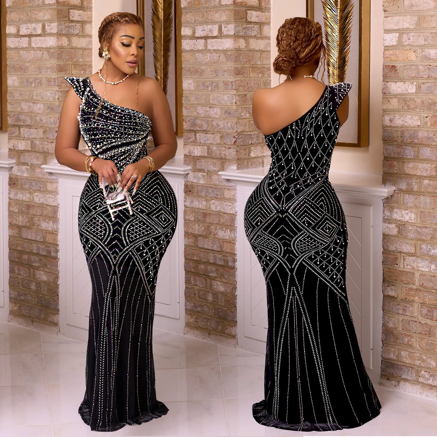 Midnight Deco One-Shoulder Beaded Gown