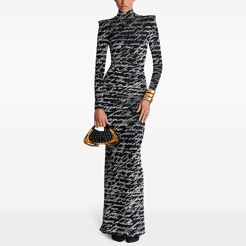 Script Print Long-Sleeve Bodycon Maxi Dress