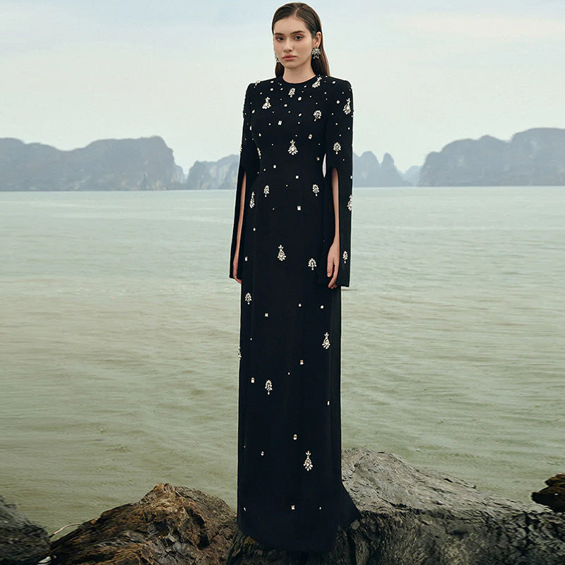 Crystal Beaded Long Sleeve Evening Dress