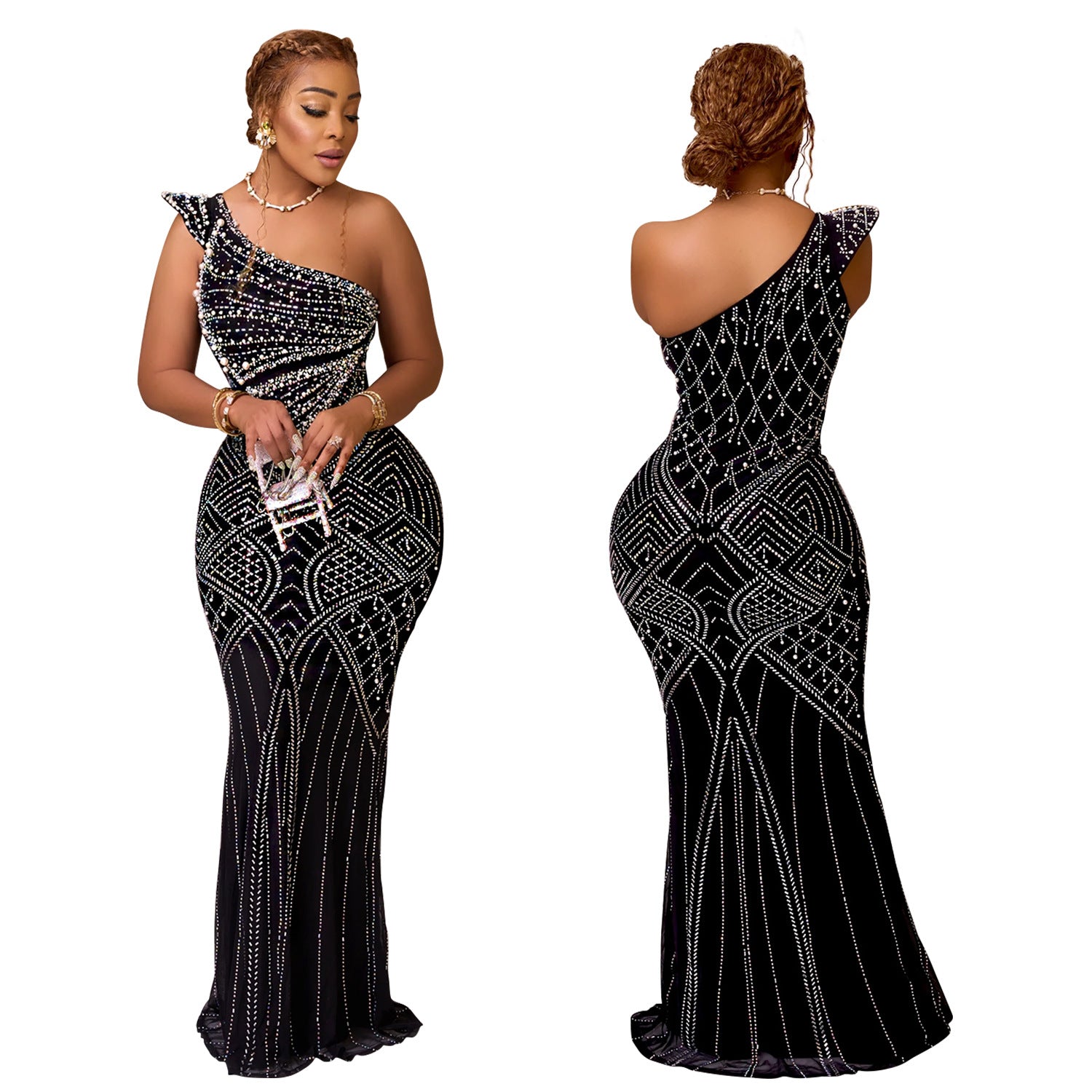 Midnight Deco One-Shoulder Beaded Gown