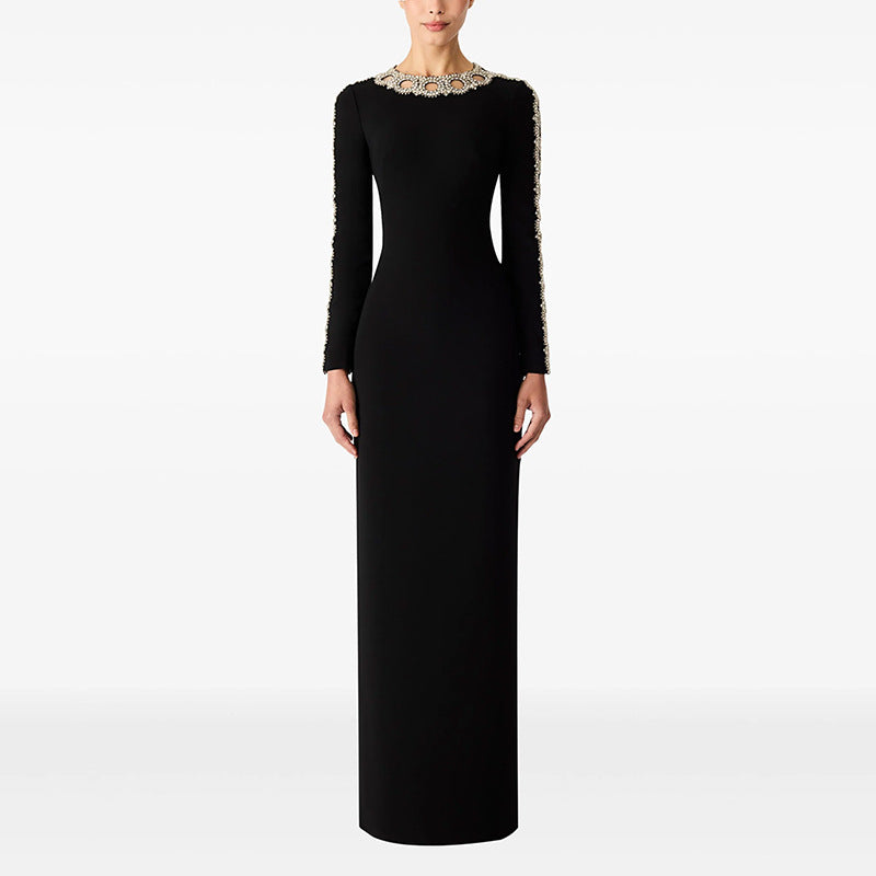 Moonlight Embrace Beaded Sleeve Column Dress