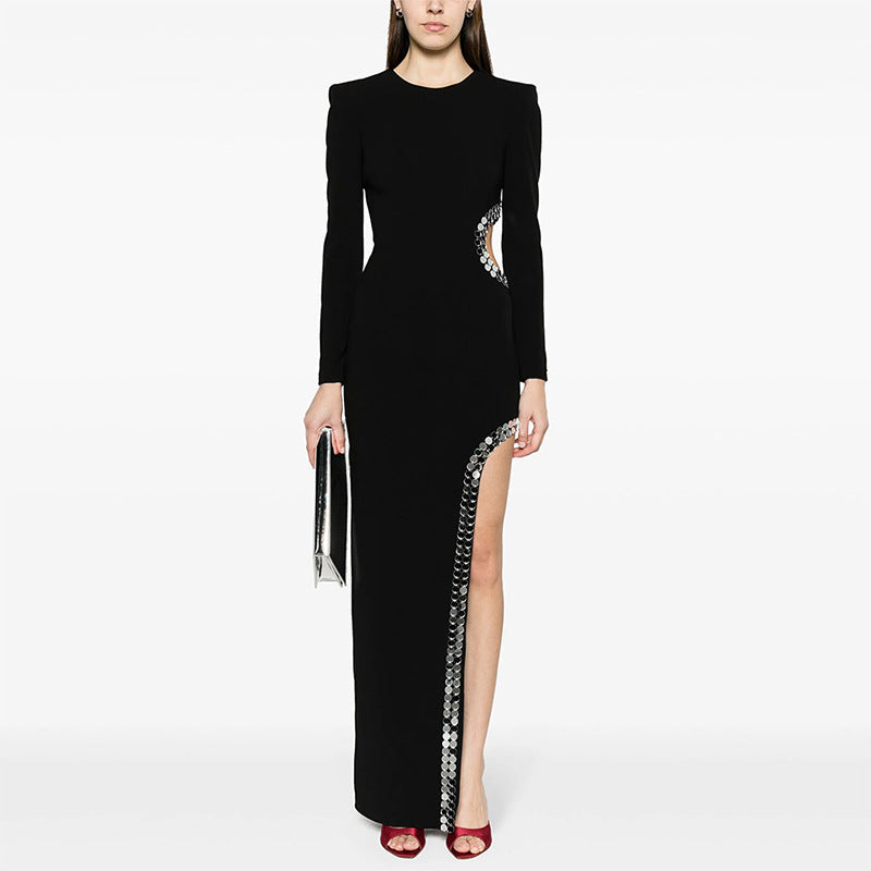 Black Cutout Gown with Sequin-Trim Slit