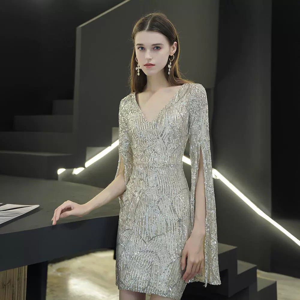 Sequined Cape-Sleeve Cocktail Dress