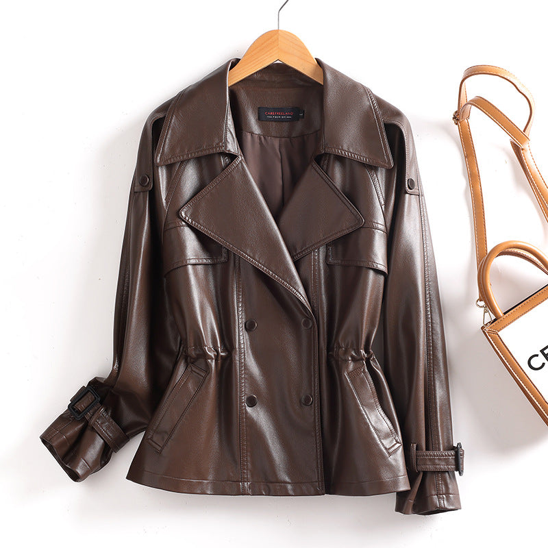 Double-Breasted Leather Jacket with Cinched Waist