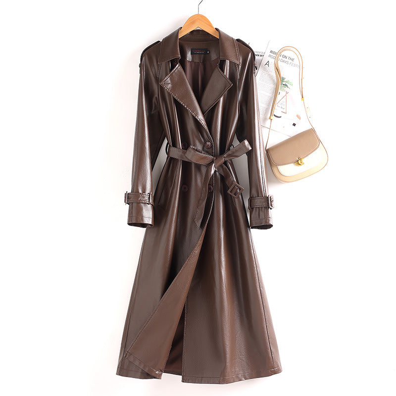 Longline Contrast-Collar Belted Leather Trench Coat