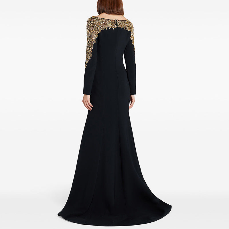 Black Gown with Gold Beaded Shoulders