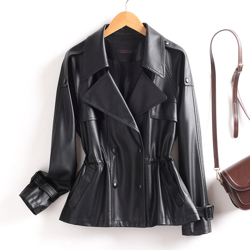 Double-Breasted Leather Jacket with Cinched Waist